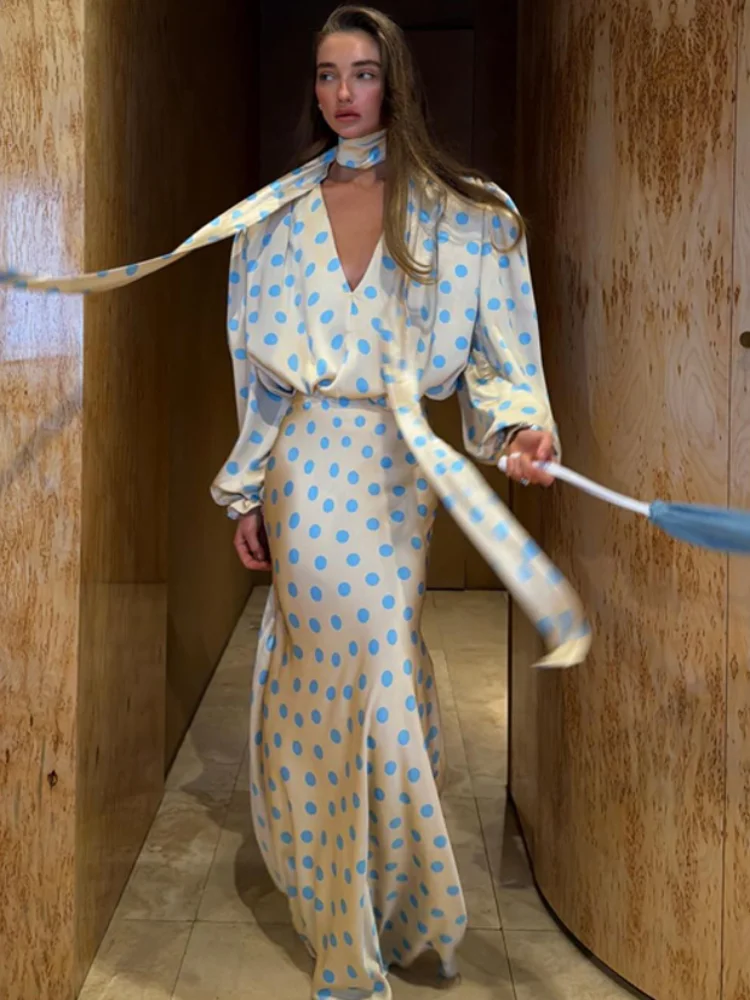 Chic Polka Dot Women Skirt Set With Ribbon V-neck Long Sleeve Shirt Long Mermaid Skirts 2026 Summer Holiday Two-Piece Outfits