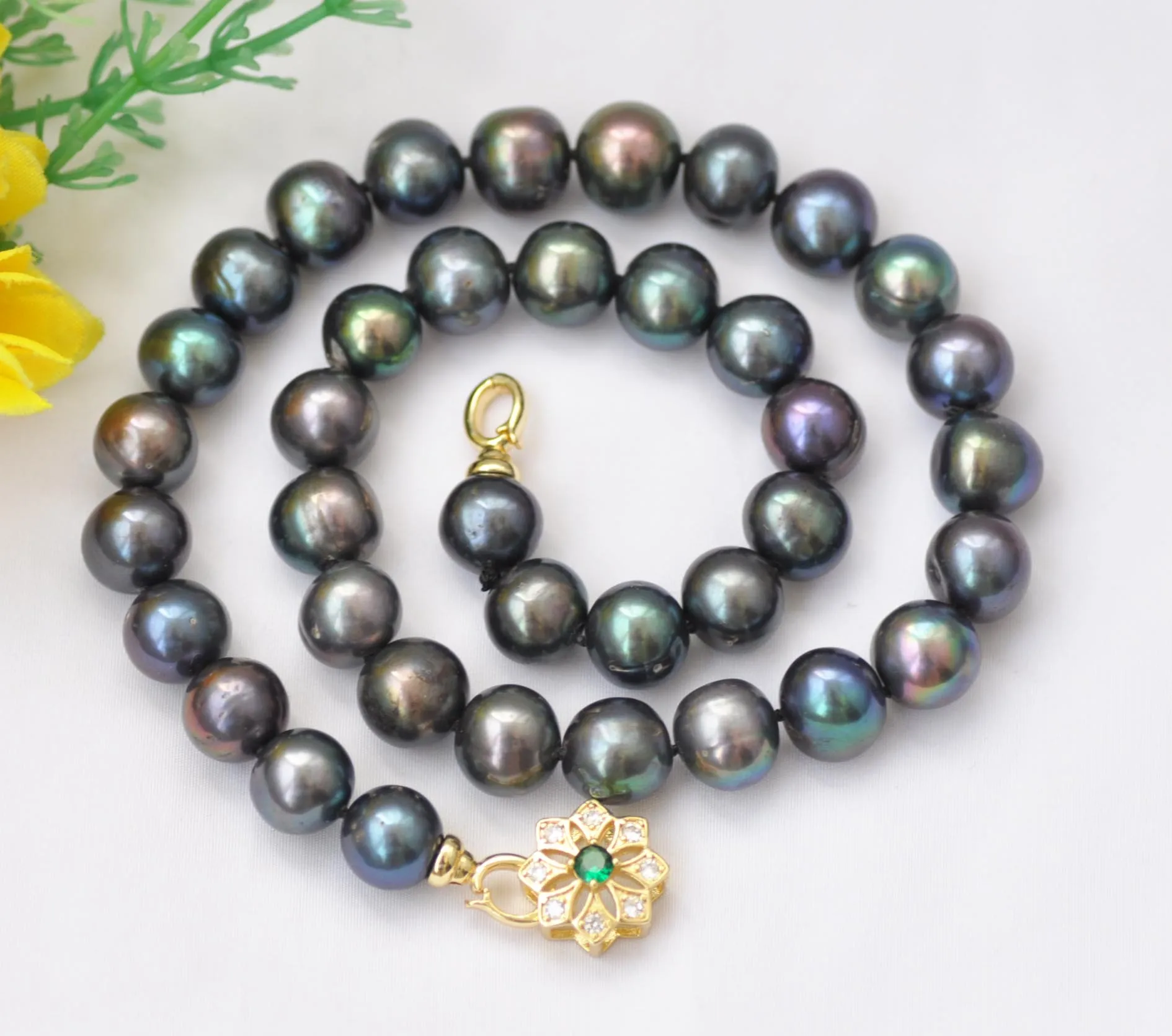 

Z13324 17"~24“ 12mm Peacock Black Round Freshwater Pearl Necklace Emerald CZ Custom Jewelry