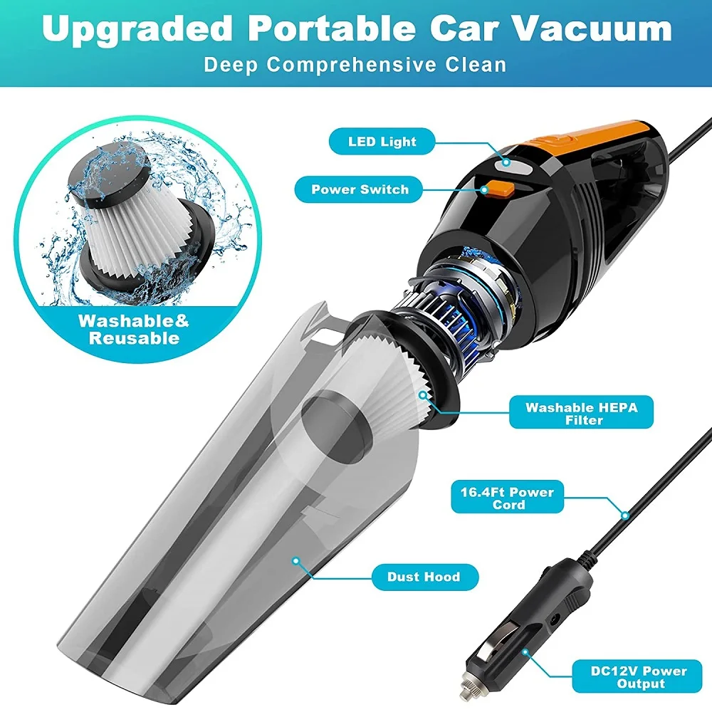 Portable Car Vacuum Cleaner High Power 6000PA/120W/DC12V, 16.4Ft Wet or Dry Handheld car Vacuum with LED Light for Men/Women