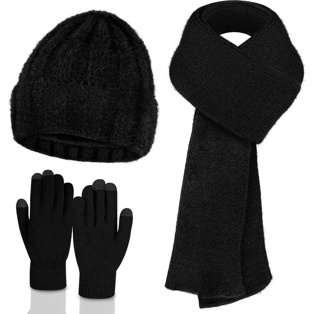 

Winter Beanie Hat Scarf Gloves, Warm Fleece Knit Hat Long Scarf Neck Warmer Touch Screen Winter Gloves Set Gifts for Women