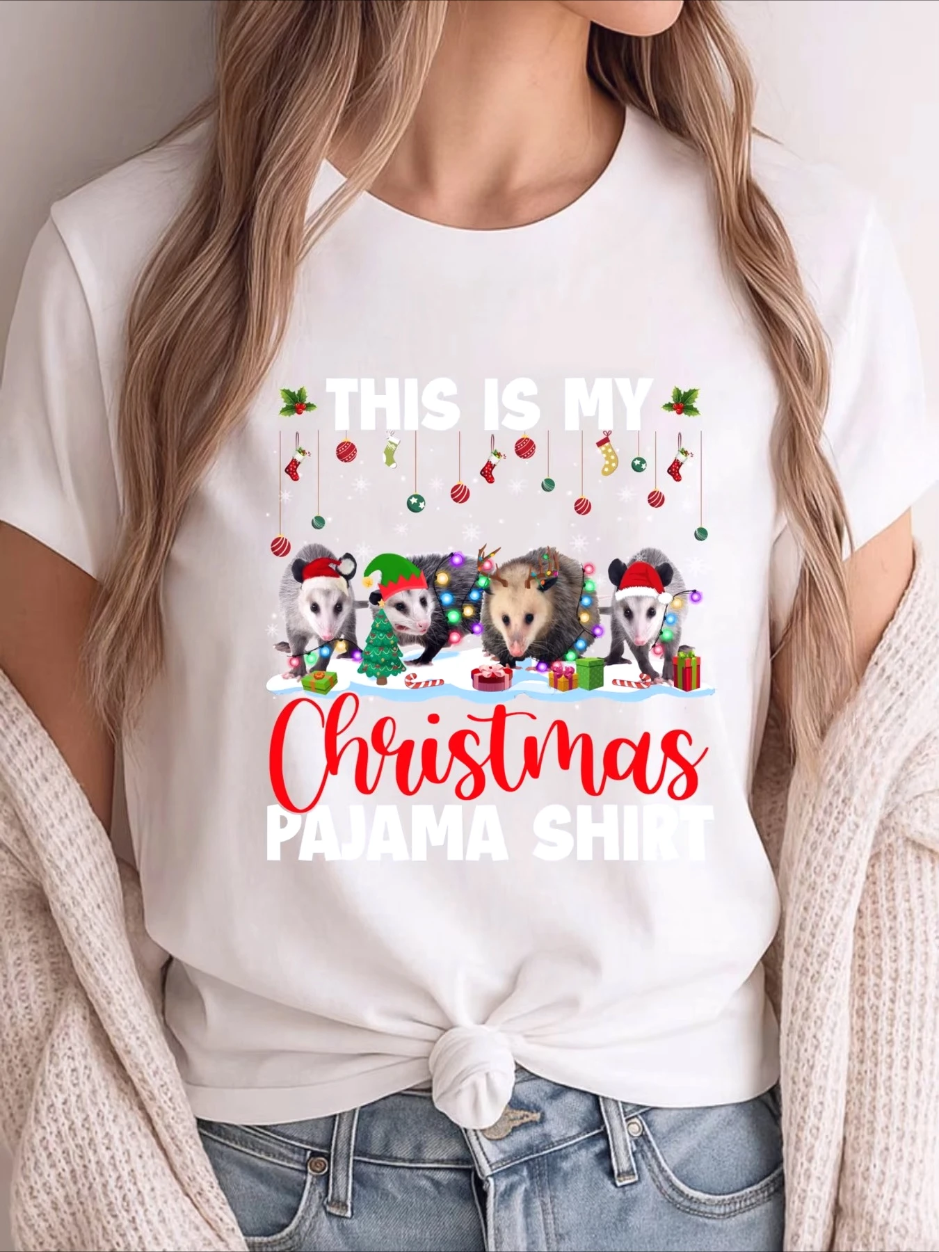 This Is My Christmas Pajama Shirt Christmas Santa Opossum Printed Women's Oversized T-shirt Student Summer Fall Short Sleeve Top