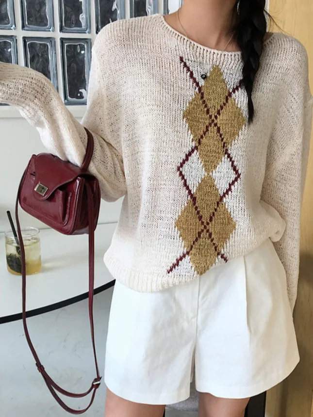 Suéter de punto de manga larga para mujer, Top versátil y sin edad, estilo universitario Vintage, patrón de diamantes, princi...