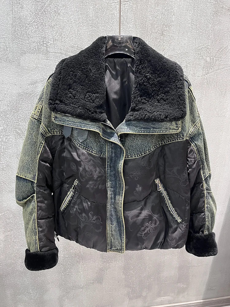 

2025 новые модные женские пальто с воротником из натурального натурального меха ягненка, короткая джинсовая куртка, роскошные куртки-пуховики из гусиного пуха