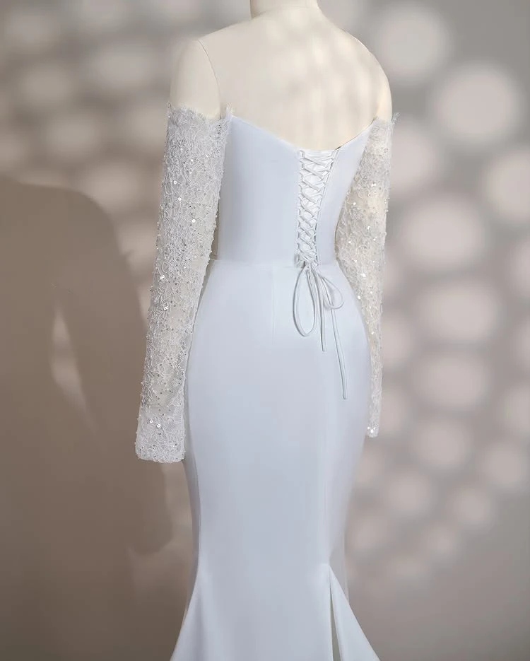 Fancy White Wedding Dress Bridal Gowns Strapless Long Sleeves Lace with Beading Sequins Lace-up Back Party Dress