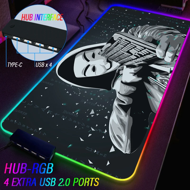 Hub 4 IN 1 USB Wrist Glowing Mouse Pad Anime Anonymous Super Hacker Carpet Phantom Color Office Comfortable Customization Mat