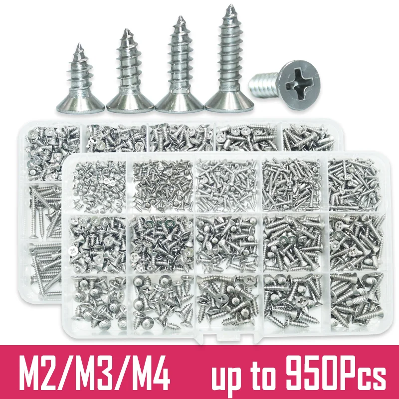 

304 Stainless Steel Self Tapping Wood Screws Set M2 M3 M4 Small Cross Phillips Flat Countersunk Head Self-tapping Thread Screw