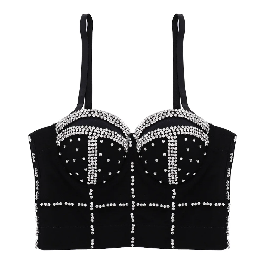 Beaded Rhinestone Boned Women's Bustier Top Push-Up Shaping Corset Adjustable Spaghetti Straps Clubwear Performance Lingerie