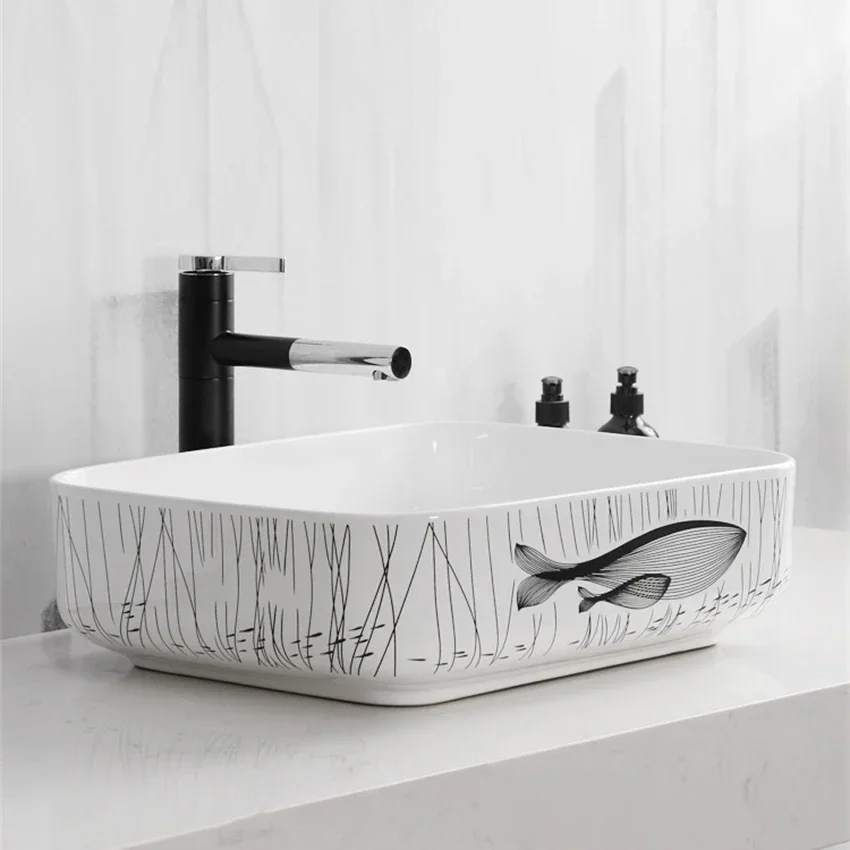 Nordic Style Ceramic Wash Basin Square Tabletop Basin Minimalist Modern Art Basin Household Bathroom Light Luxury Creative Basin