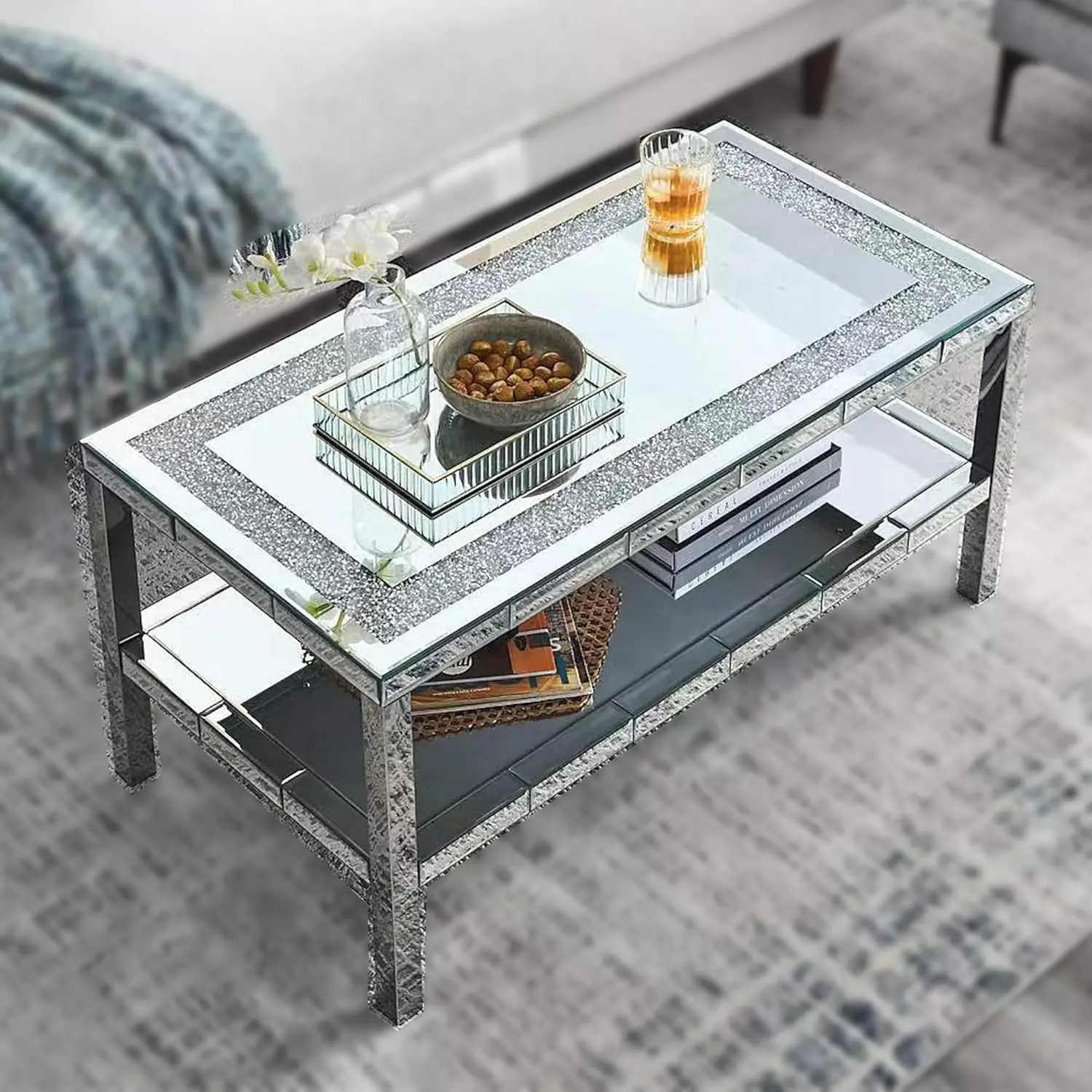 Elegant 2 Tiers of Shiny Silver Mirrored Coffee Table, Crystals Inlay,and Stainless Steel Frame