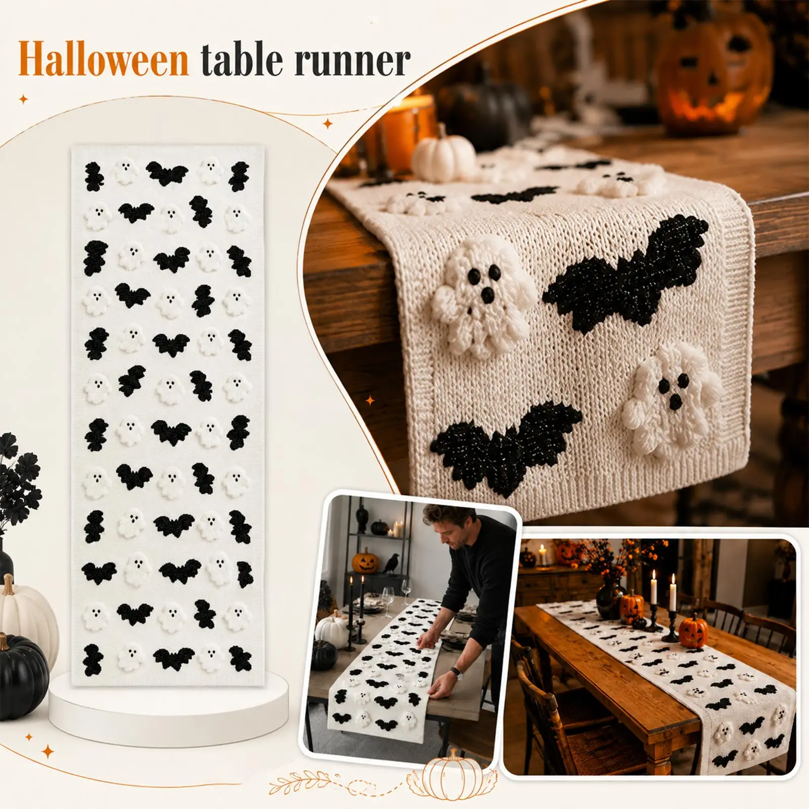 Halloween Table Runner Bat Ghost Printed Placemat Set Table Decor Spooky Tablecloth For Dining Table Halloween Party Supplies
