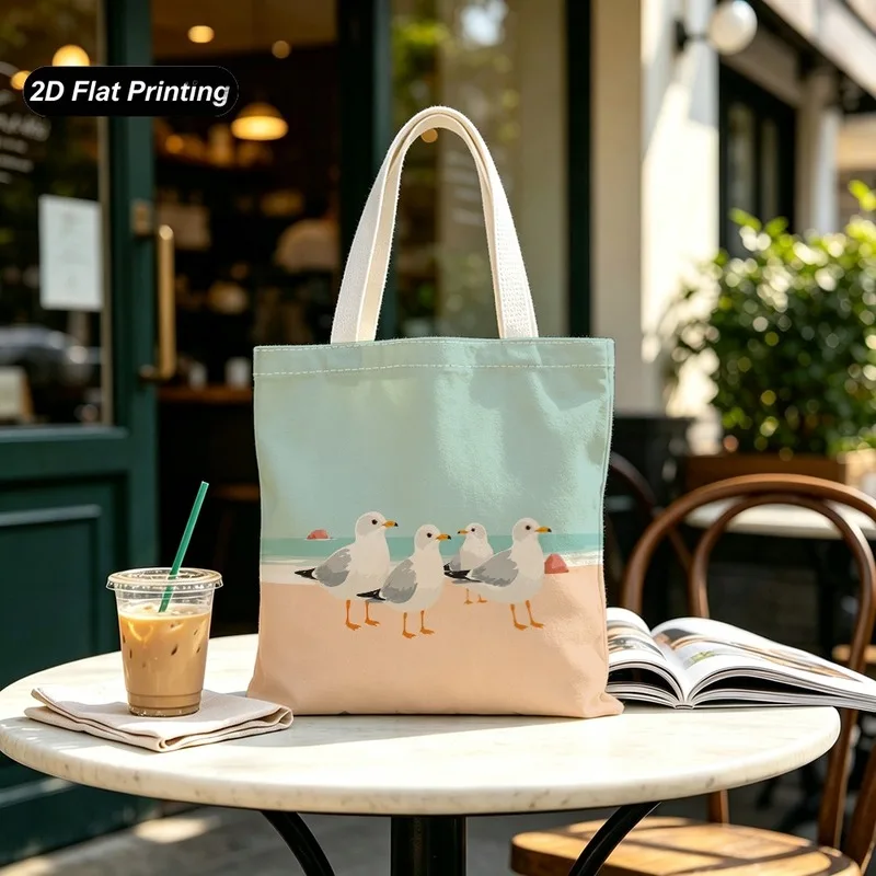 1PC【Tote Bag】2DFlat effect，Beach seagull print pattern，Large-capacity casual style，Adapted shopping、Daily Commute、Walking、Sh