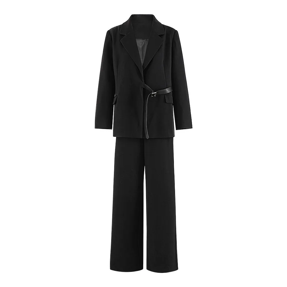 Black Women Suit Set 2 Piece Blazer With Belt+Pants Autumn Fall Formal Buiness Office Lady Wedding Tuxedo Jacket Coat