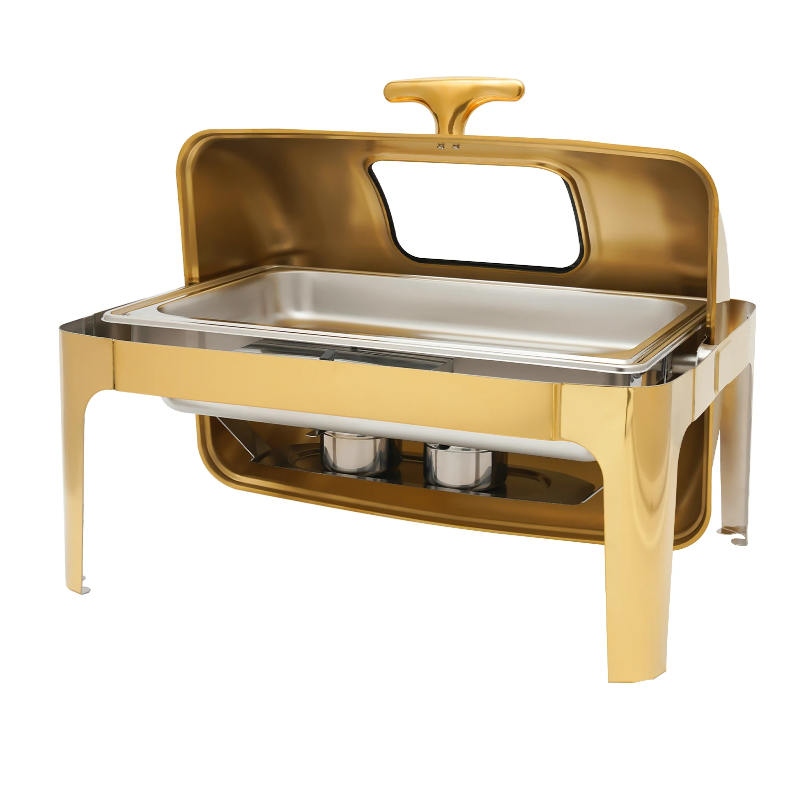 Gold Rectangular Chafing Dish 9.5Qt, Stainless Steel Buffet Server With Glass Lid & 180° Roll Top, Full Gold Finish Food Warmer for Party Banquet