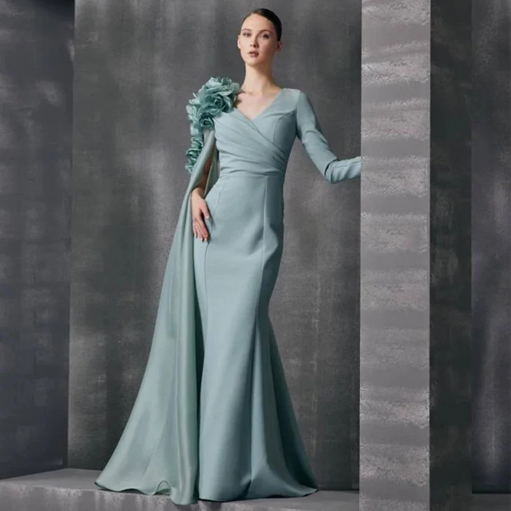 

Mermaid Wedding Guest Dresses for Women Pleated V Neck Elegant Formal Gowns Long 3D Flowers Cloak Sleeve Trumpet Evening Dress