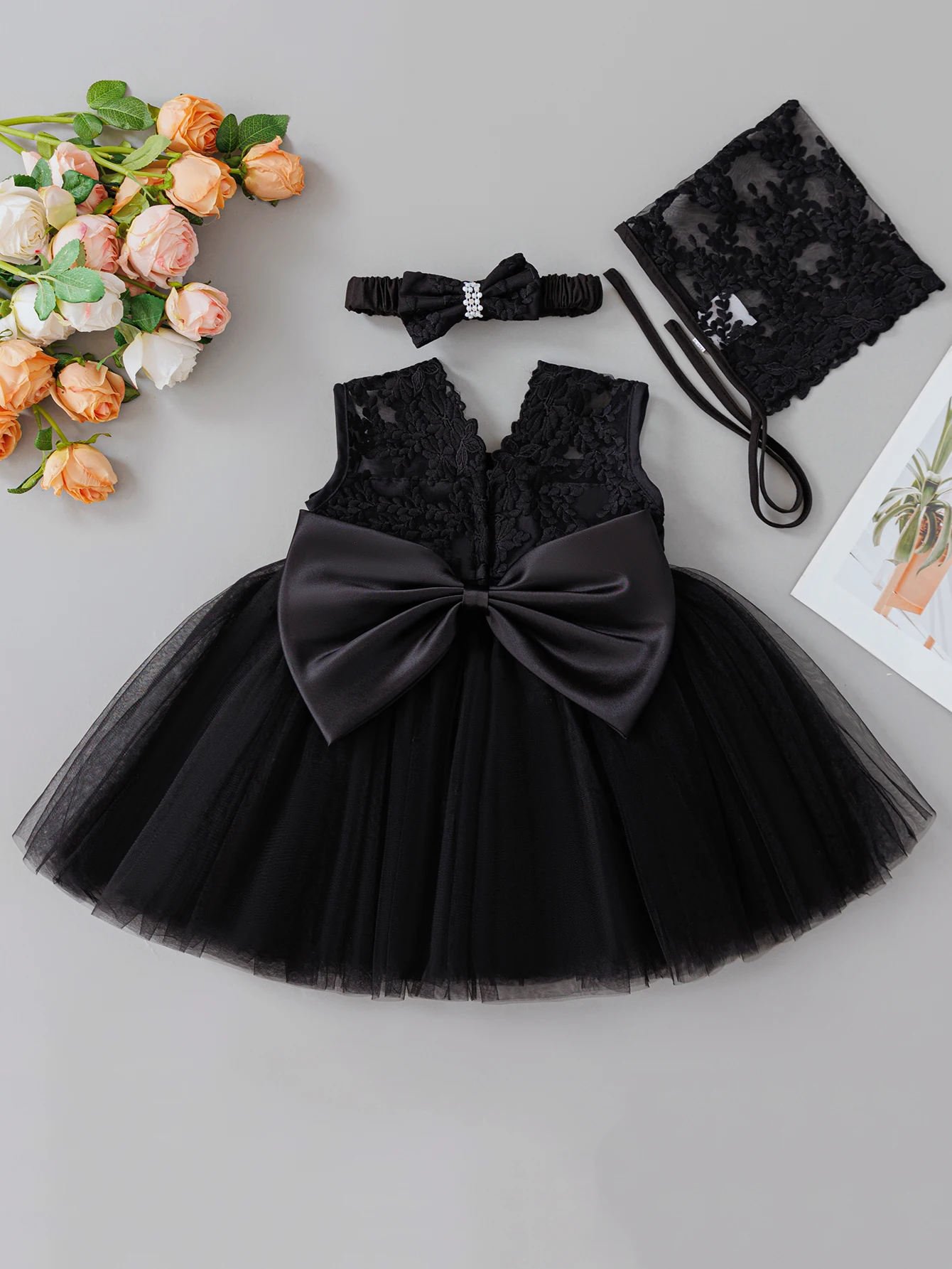 0-2 Year Old Female Baby Black Dress Set Wedding Flower Girl One Year Old Fluffy Gauze Dress