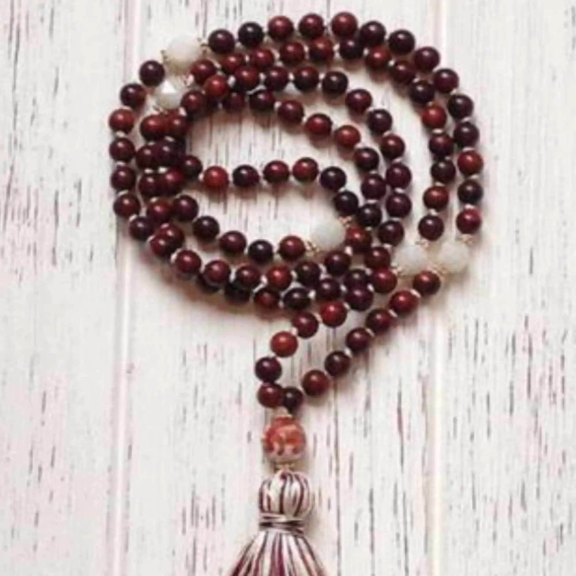 6mm Natural 108 knot red wood Moonstone beads tassels necklace Gemstone Wood Men Women Opera length Spiritual Fashion Prayer