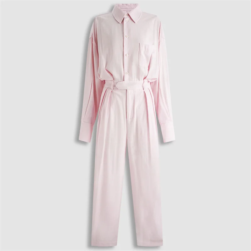 women's jumpsuit 2026 autumn new belt slim straight leg pants 100% linen casual pants Single breasted women's shirt y2k bodysuit