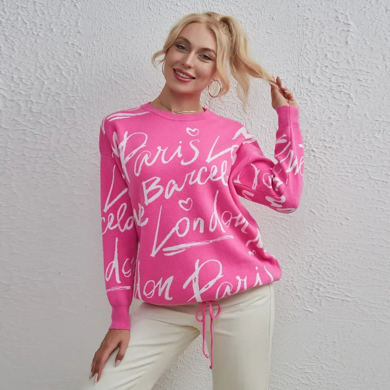 Letter Printed Pink Sweater For Women 2024 O-Neck Long Sleeve Knitted Sweatshirt Autumn Winter Pullover Jumper