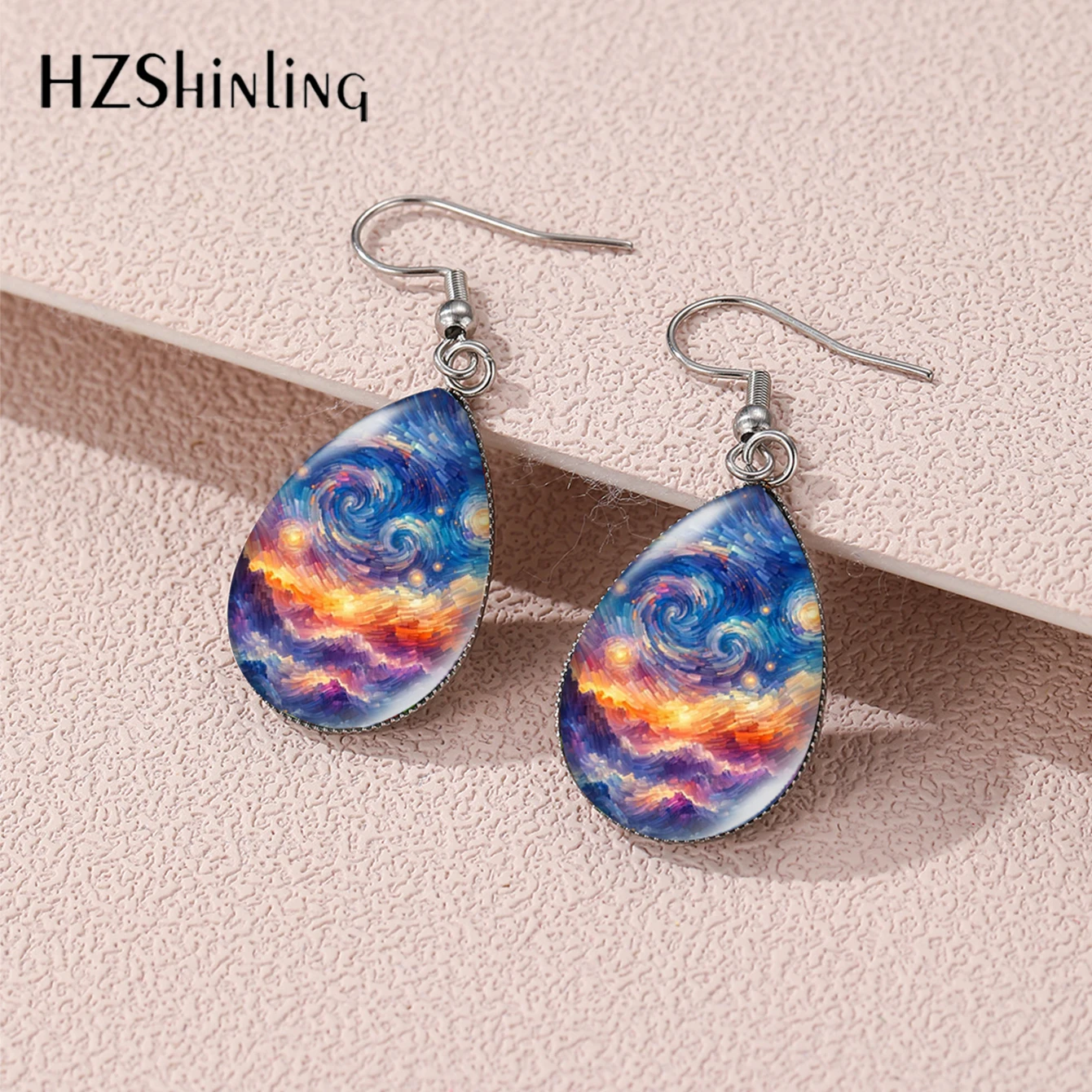 2024 New Fashion Galaxy Nebula Planet Space Tear Drop Fish Hook Earrings Handmade Stainless Steel Jewelry Earrings