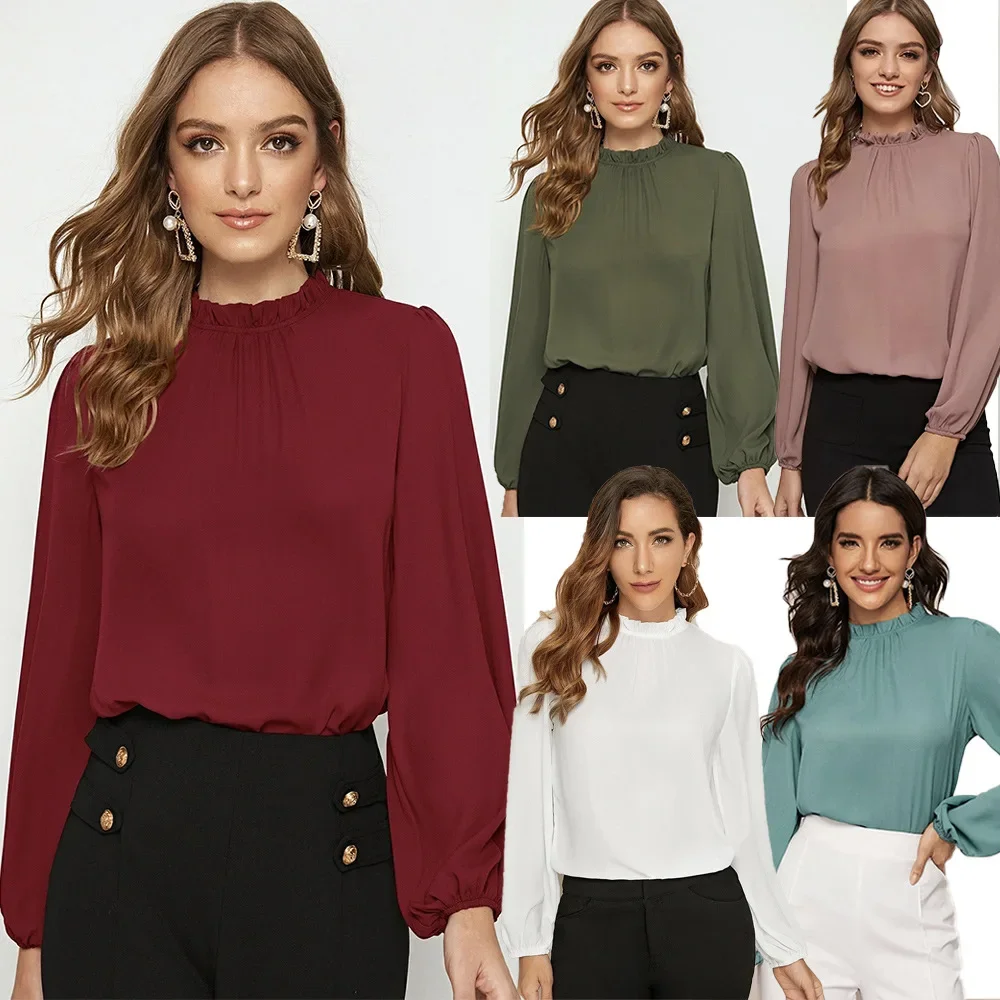 

Women Autumn Winter Shirt Solid Color O Neck Long Sleeve Sheath Casual Fashion Comfortable Regular Standard Elegant Fit Shirt