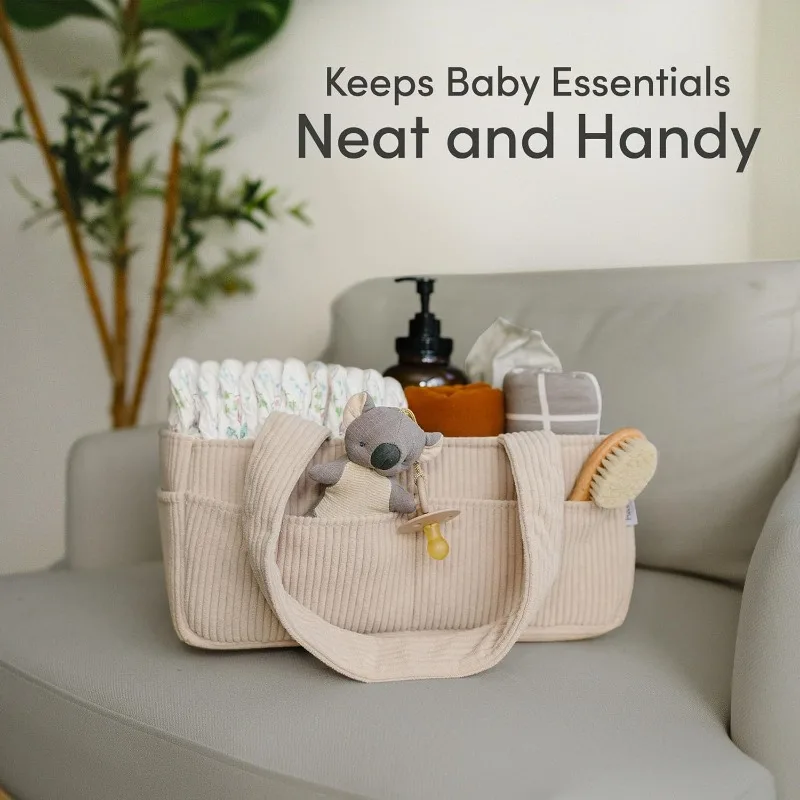 Large Capacity Corduroy Diaper Organizer Bag-Portable Foldable Tote with Divided Design, Nursery Caddy Basket & Mommy Travel Bag