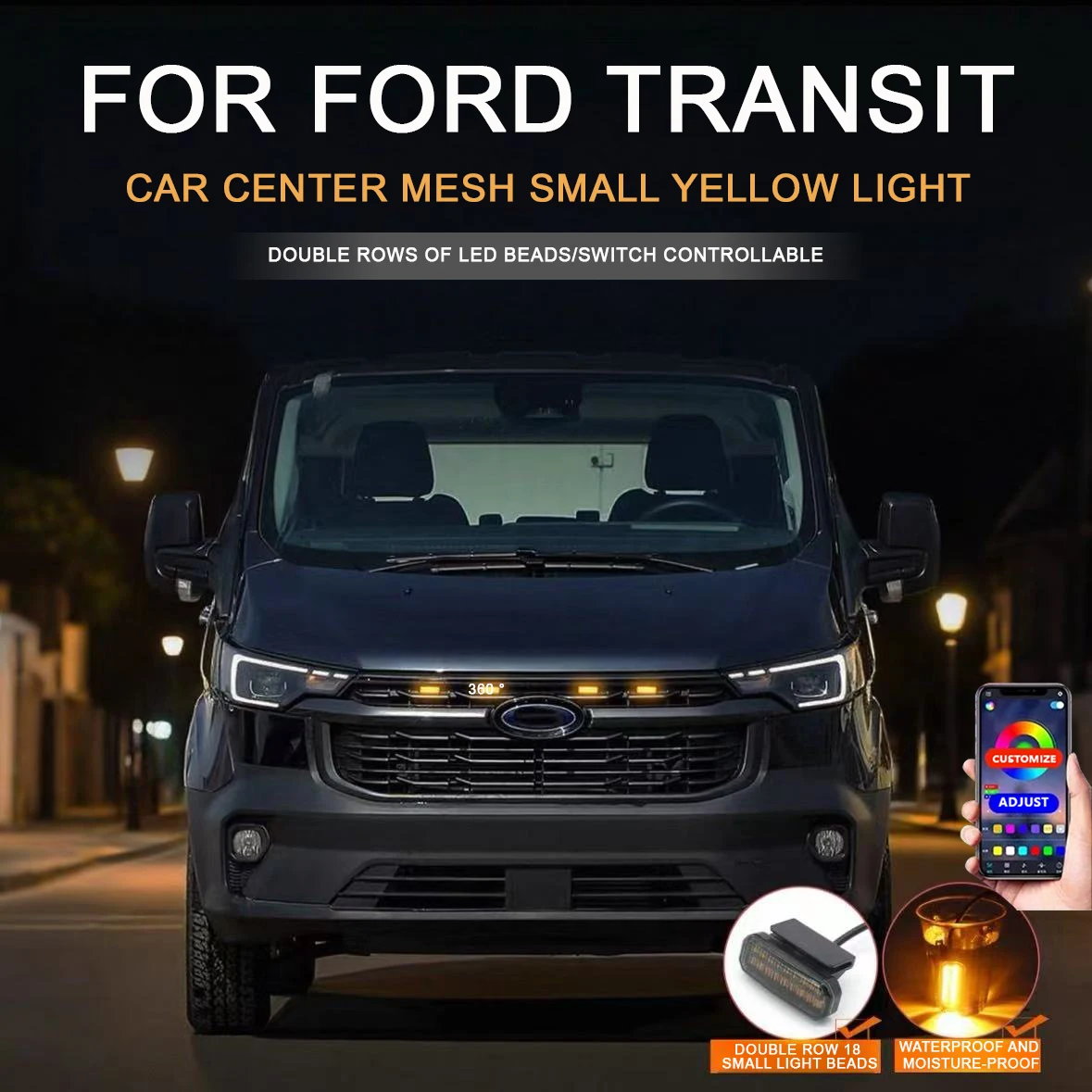 

FOR FORD TRANSIT Front Grille Led Lights Car LED Daytime Running Light YellowWhite 4 Pcs center mesh small yellow light