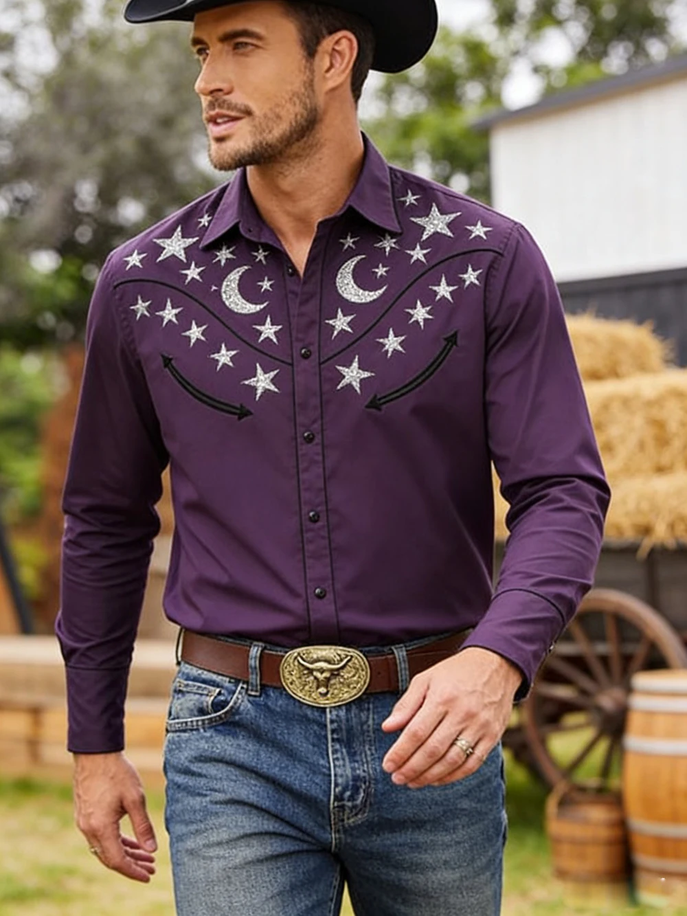 

Men's American Country Black Horse Moon 3D Printed Black Shirt Long Sleeve Collar Button Business Casual Hawaiian Shirt For Men