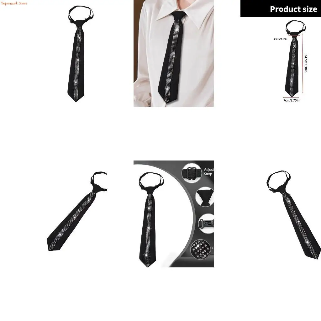 

Q5WE Fashion Black Neck Tie with Rhinestones Embellishments School Student Uniform Pre Tied Adjustable Necktie Neckwear