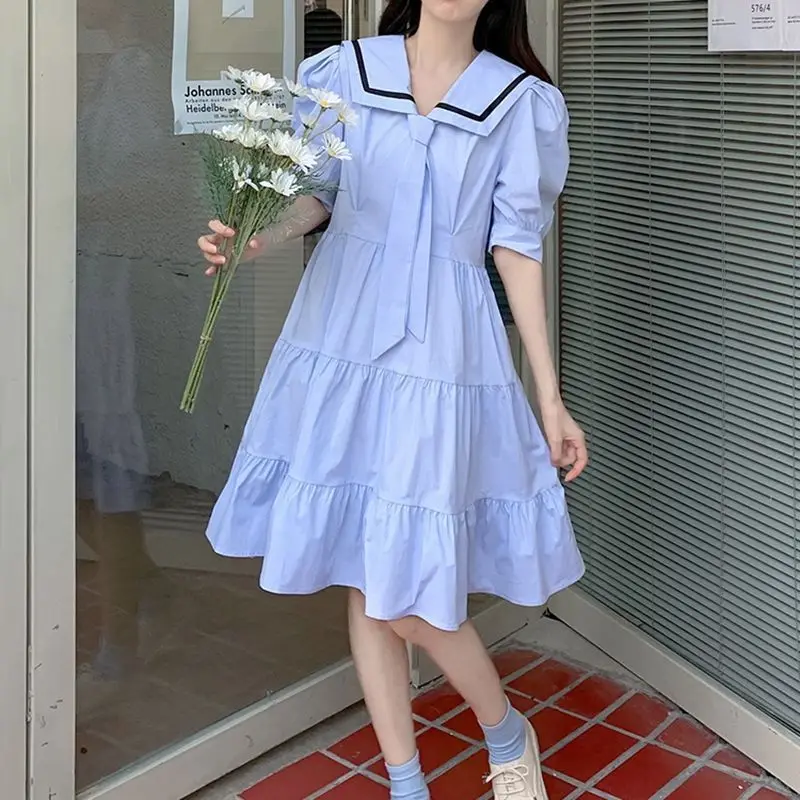 

Female Casual Korean Patchwork Loose Turn-down Collar Short Sleeve Shirt Dress Summer Sweet Pleated Pullover A-line Skirt Cute