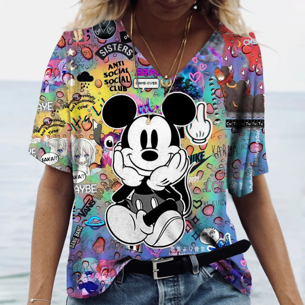 

Women V-neck T-shirt Disney Minnie Mickey Mouse Print Fashion Y2k Streetwear Summer Short Sleeve Women's Oversized Tshirt