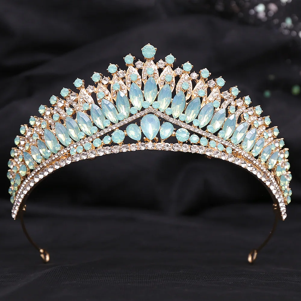 Luxury Green Opal Crystal Rhinestone Crown Princess Headdress Bridal Tiaras Crowns Diadem Party Wedding Hair Jewelry Accessories