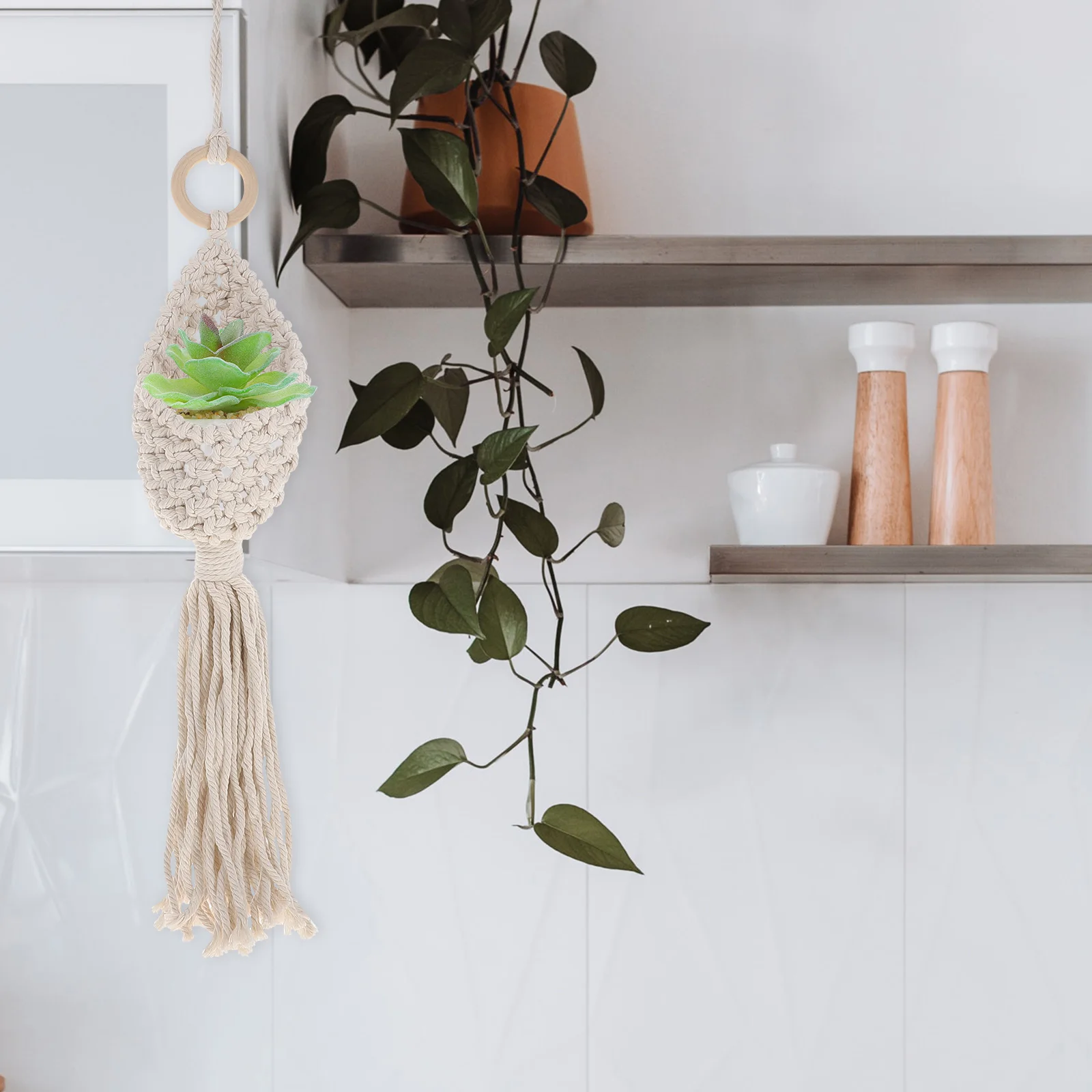 

Woven Hanging Basket Bohemia Style Macrame Fruit Storage Decorative Kitchen Produce Net Bag Handmade Cotton Rope Multi Function