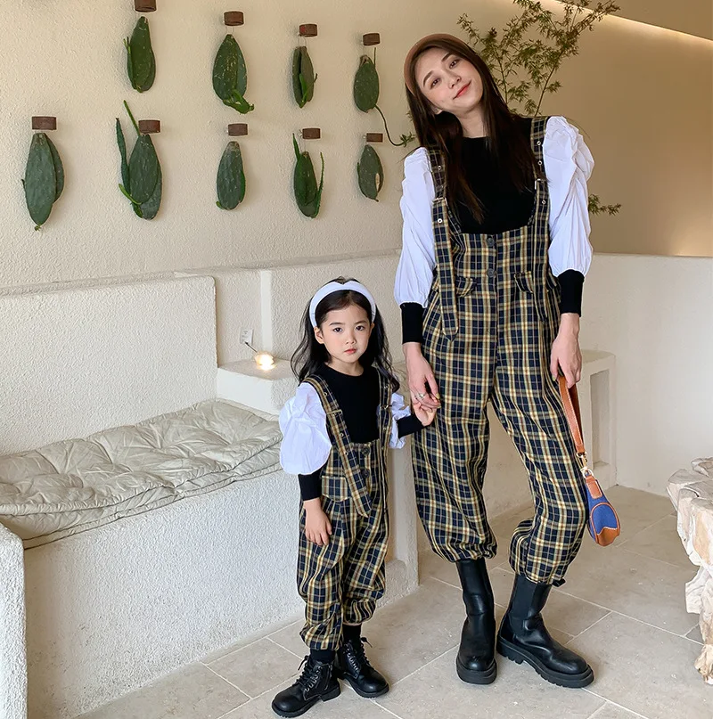 2021 Autumn Parent-Child Matching Outfits Girls And Women Fashion Clothes Mother And Daughter Plaid Jumpsuit+Shirt Two Piece Set