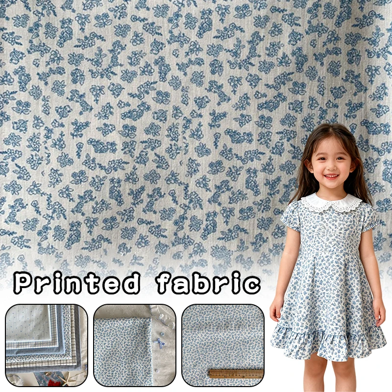 

1m 100% Cotton Fabric Blue Grid Polka Dot Floral Digital Print Fabric for Clothing Homewear Bedding Tablecloths Curtains DIY