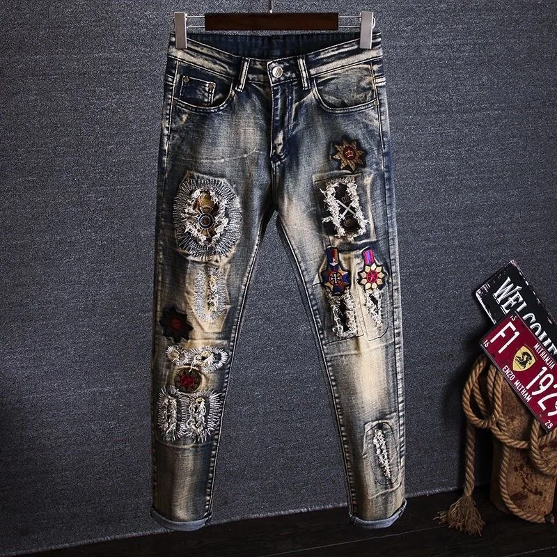 2023 Spring and Autumn New Classic Fashion Embroidered Patch Straight Leg Jeans Men\'s Casual Comfort Stretch High Quality Pants