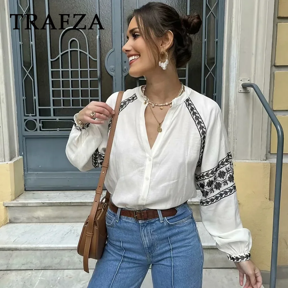 TRAFZA 2024 Spring Summer Casual Women Shirts Fashion Vintage Embroidery Lightweight O Neck Loose Streetwear Women Shirts