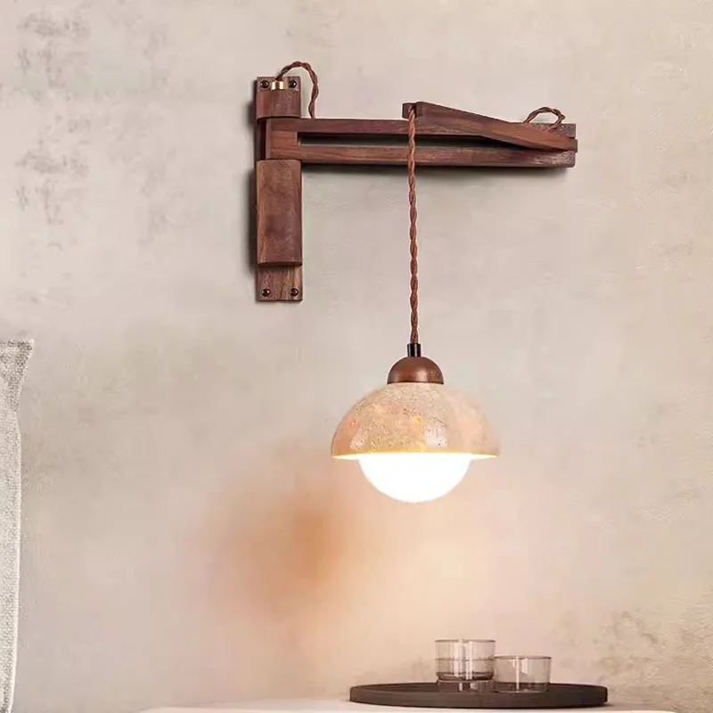 Yellow travertine wall lamp wabi wind bedroom bedside wall lamp with switch wire-free telescopic folding rotating aisle