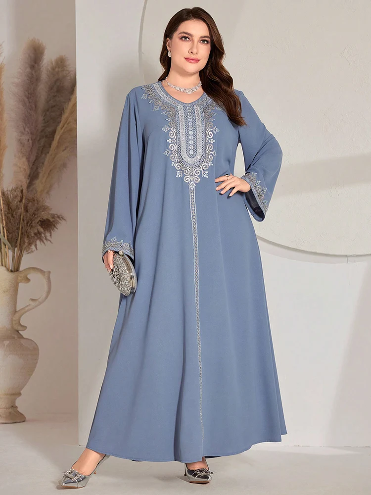 TOLEEN 2024 Neue Plus Größe Frauen Luxus Elegante Pailletten Bestickt V-ausschnitt Langarm Lose Gerade Arabischen Modest Maxi Kleid