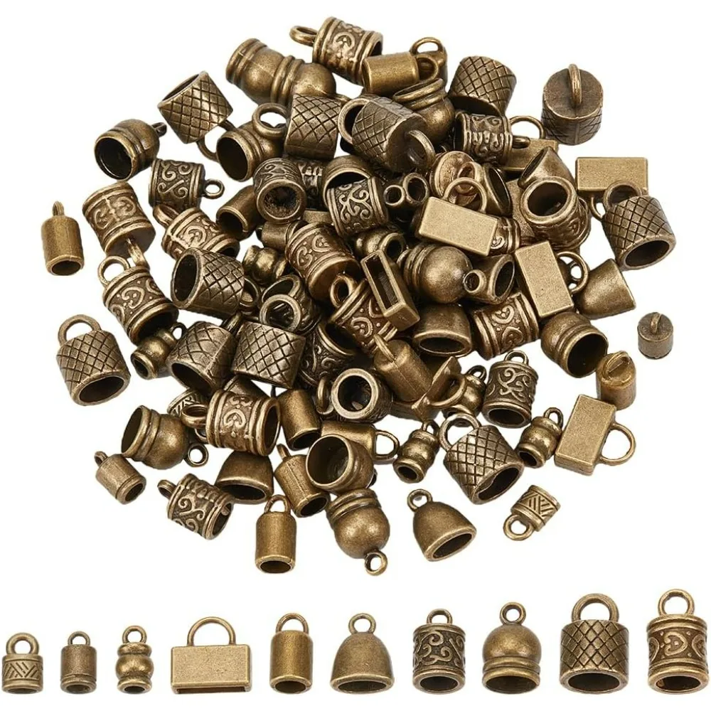 

120 шт. торцевые заглушки для шнура, 10 стилей, торцевые заглушки для бусин, трубка из сплава, наконечник ствола, резьба, обжимной шнур, веревка