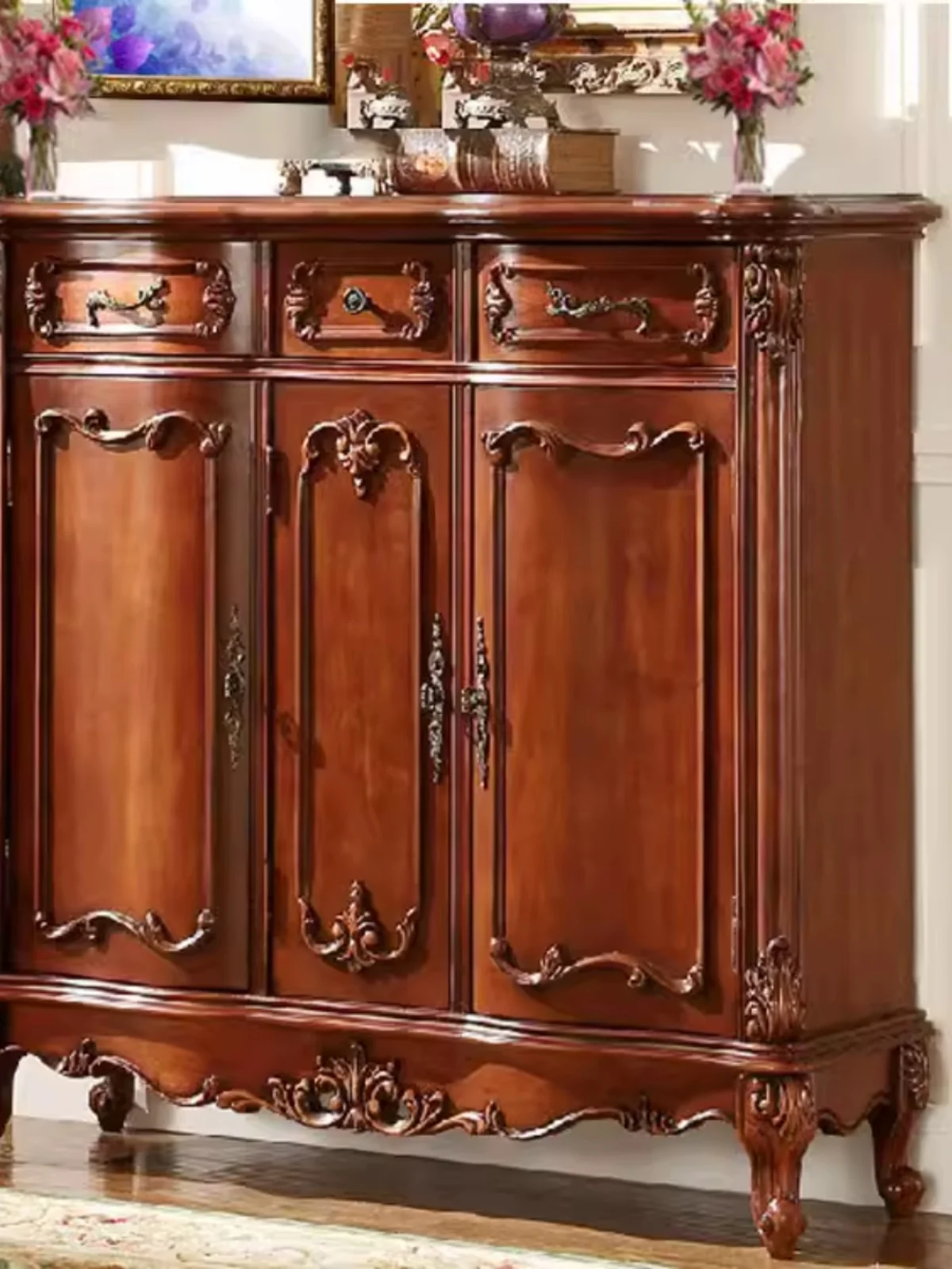 American Country Solid Wood Shoe Cabinet European-Style Wall Storage Side Cabinet Modern Light Luxury Living Room Curio Cabinet