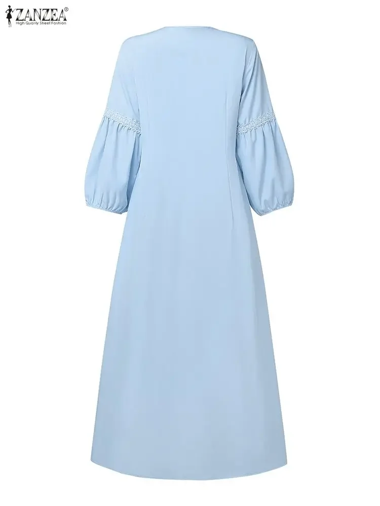 ZANZEA Autunno Elegante Abiti Da Festa Delle Donne 3/4 Manica Lanterna Con Scollo A V Casual In Pizzo Maxi Vestito Estivo Lungo Solido Vacanza Robe Femme