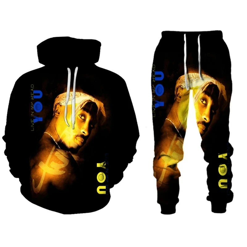 Homens Tupac 3D impresso Hoodie Suit, Rap Singer 2 PAC Vestuário, moletons casuais, moletom, moda conjunto de treino, 2 pcs