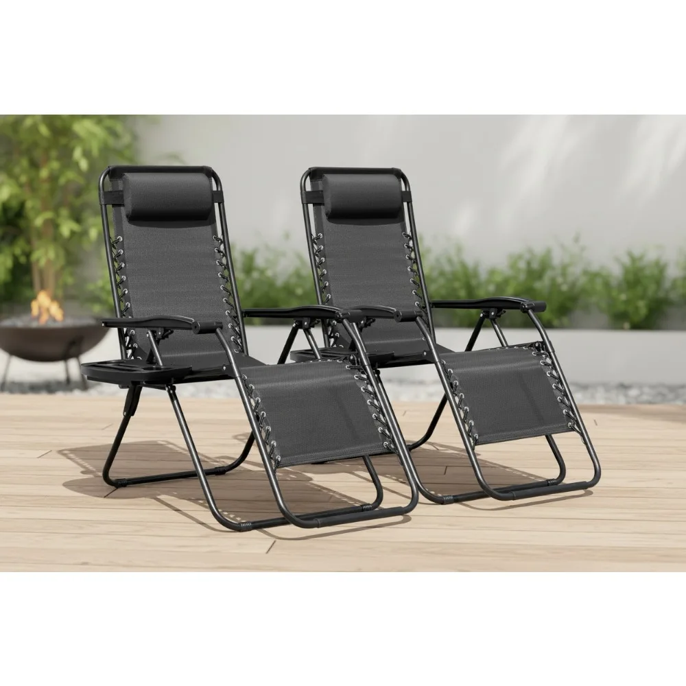

Набор стульев с откидной спинкой Zero Gravity из 2 регулируемых стальных сеток для отдыха на открытом воздухе с подстаканником и подушками, темно-черный