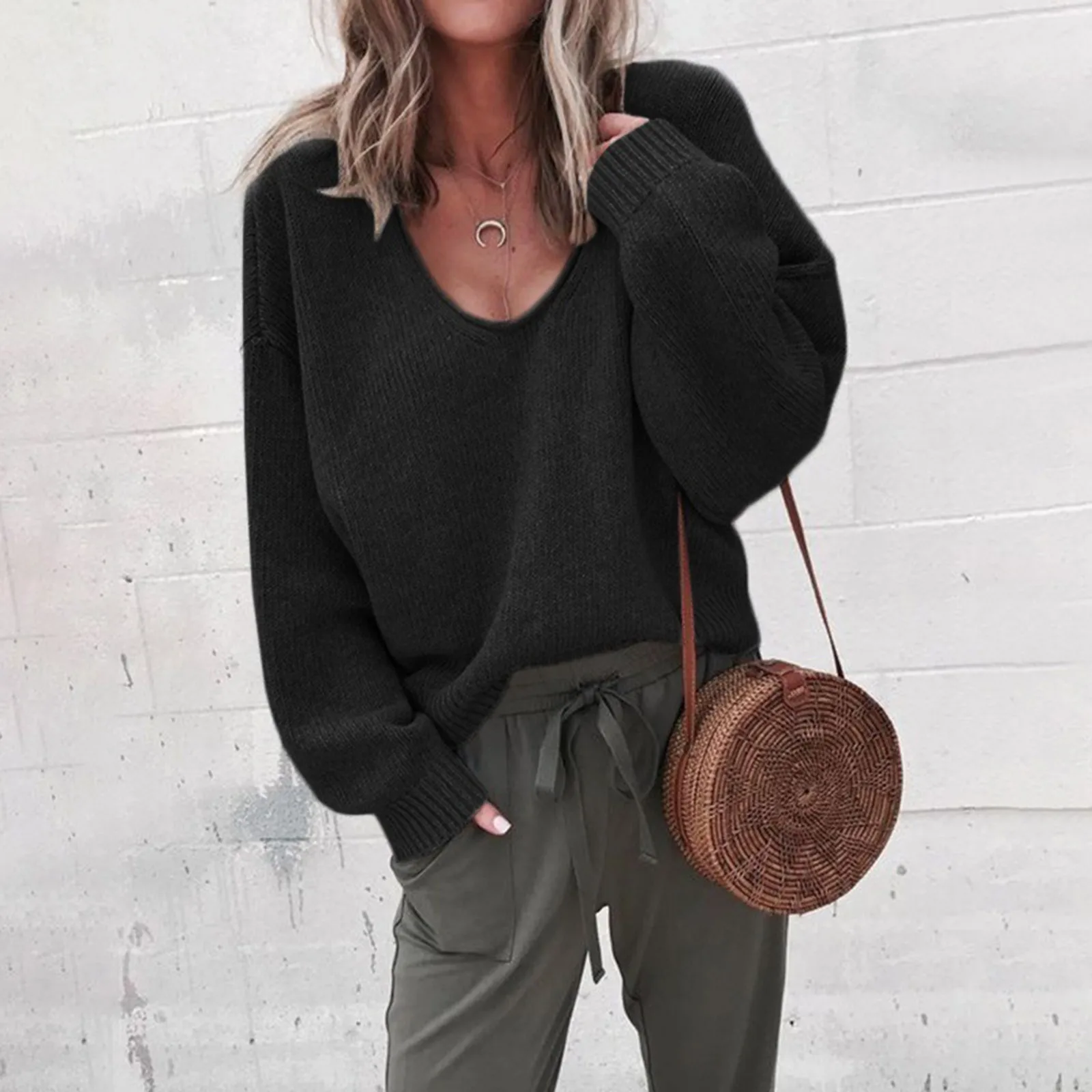 Women'S Deep V-Neck Knit Soft Sweater Casual Long Sleeve Dipped Hem Oversized Sweater  Women'S Autumn Vintage Loose Clothing