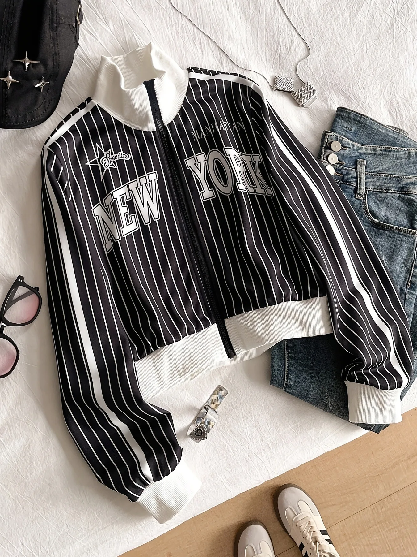 Girls Y2K Retro New York Varsity Jacket Black White Pinstripe Stand Collar Cropped Coat, Streetwear Casual Outerwear