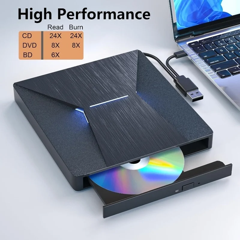 External Bluray CD DVD Drives USB3.0 and Type-C CD DVD Reader and Writter 3D Slim Optical CD Drive Compatible with Windows MacOS