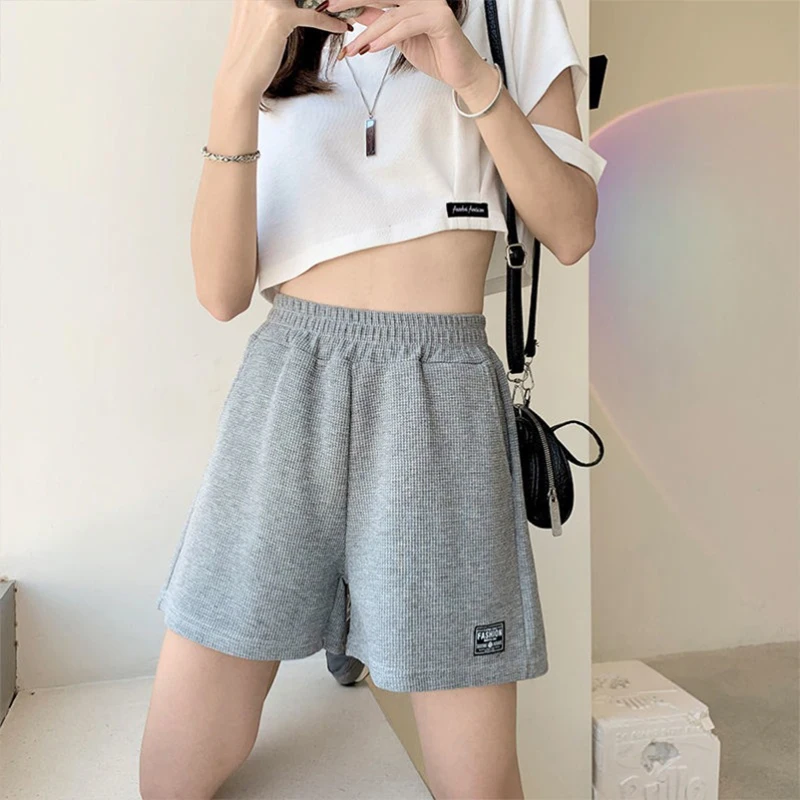 Fashionable Waffle High Waist Elastic Waist Loose Casual Sports Commuter Shorts