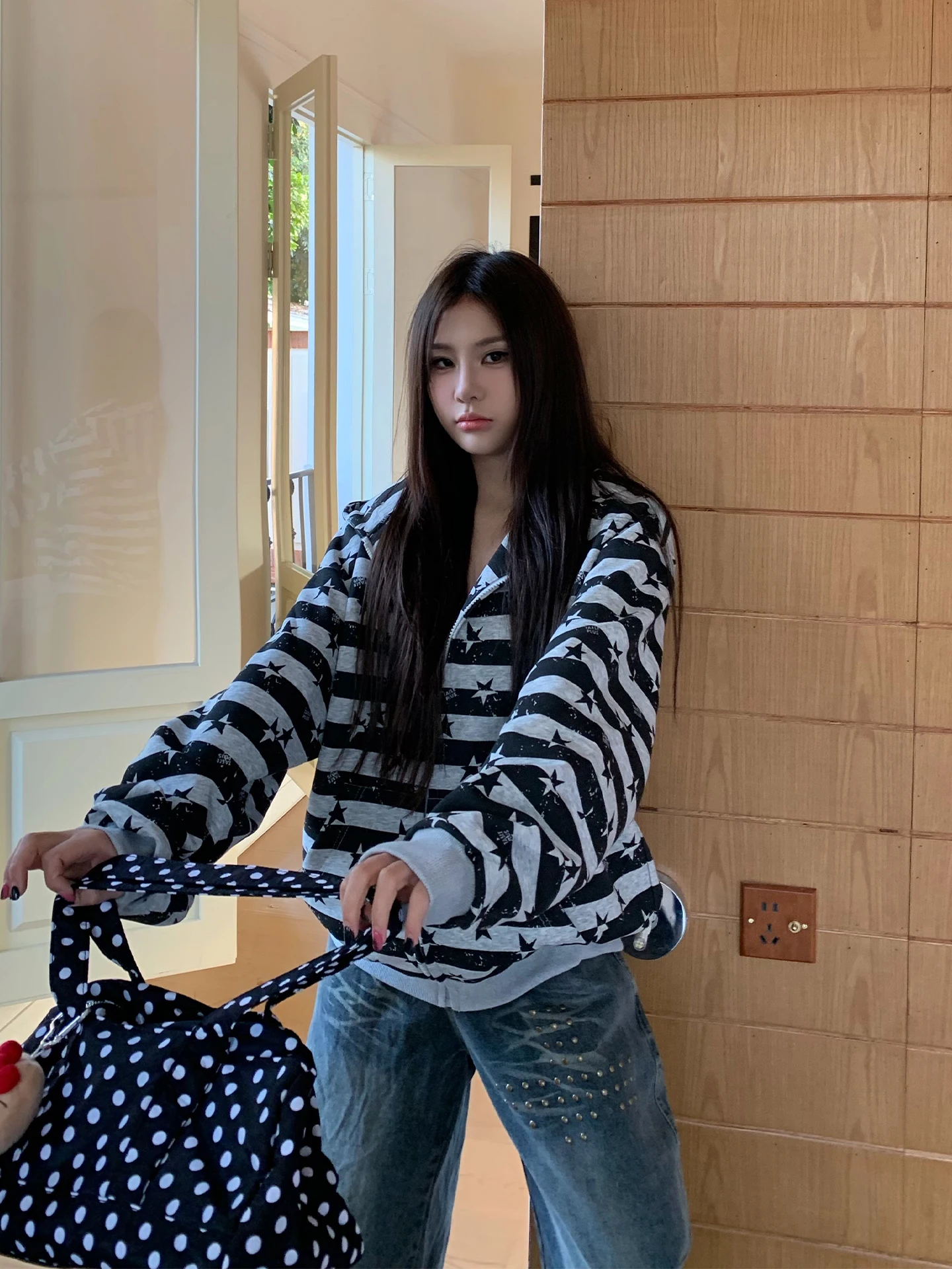 

Женская толстовка с капюшоном на молнии в стиле Color Blo Stripe, весенняя, свободная, повседневная, универсальная, ретро, с длинными рукавами, из хлопка