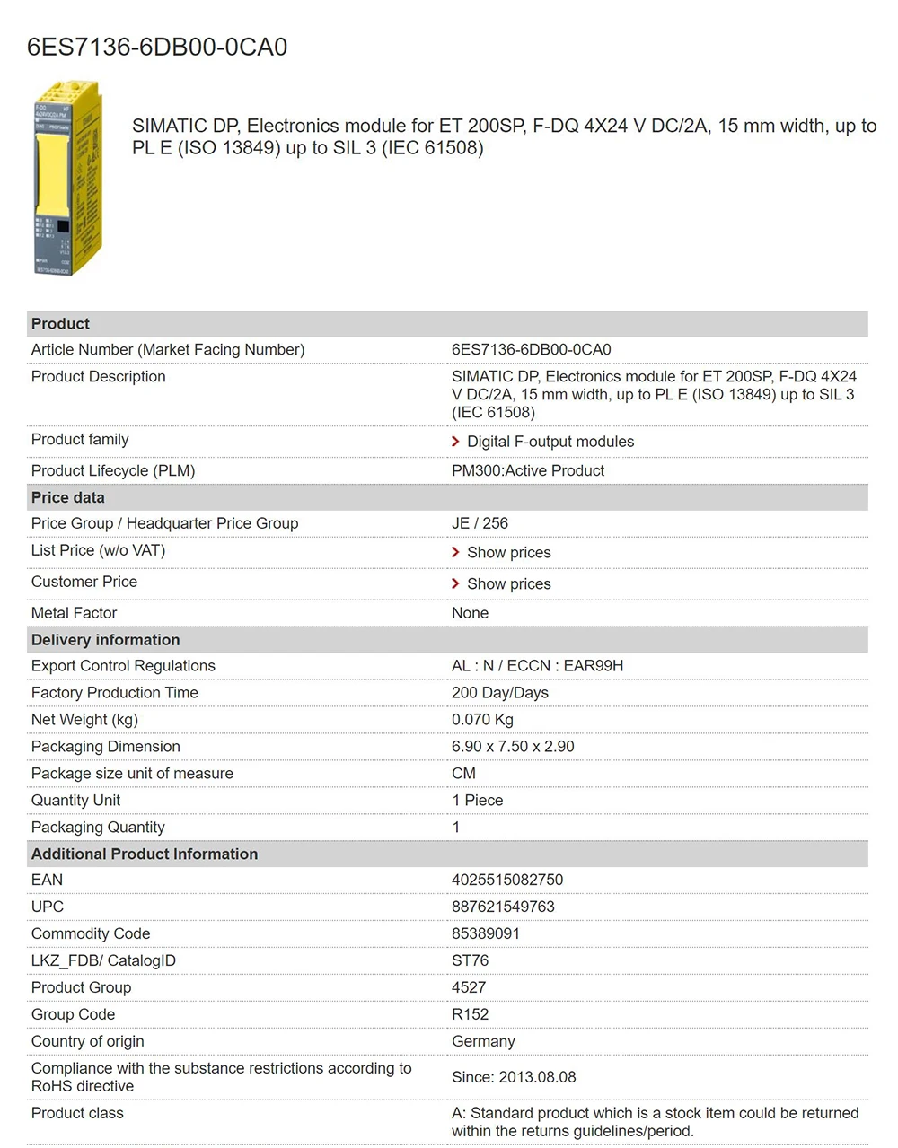 Digital Output Module For SIEMENS 6ES7136-6DB00-0CA0