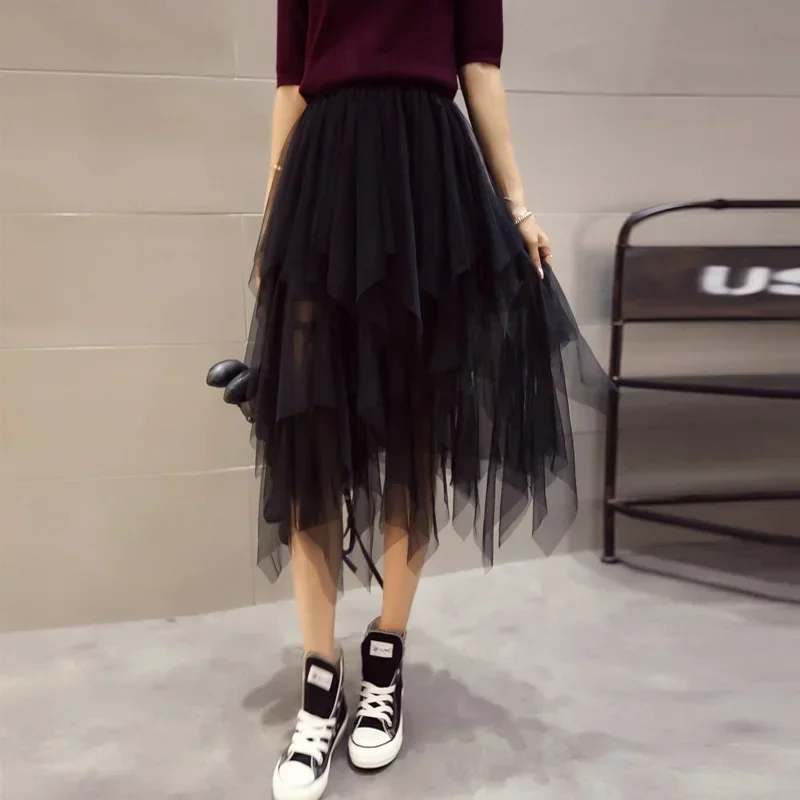 

Summer Tutu Women Skirt Harajuku Casual Tulle Bottom Jupe Femme Faldas Fashion High Waist Midi Mesh Skirts Woman Clothing Saia